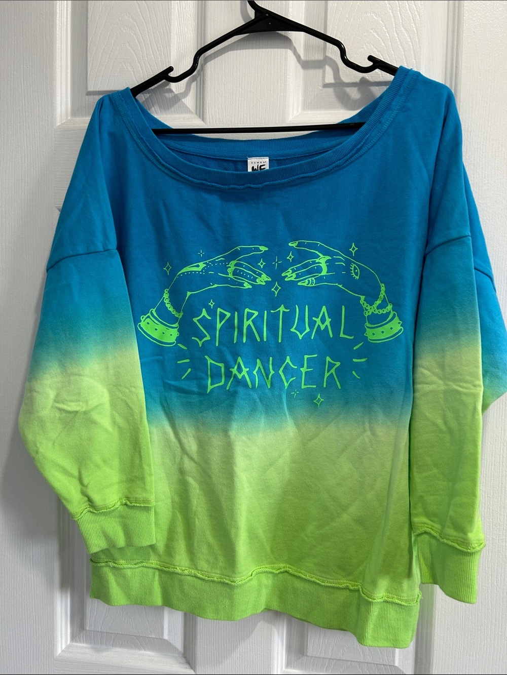 NWOT Zumba Fitness Off-the-Shoulder Sweater in Blue and Neon Green